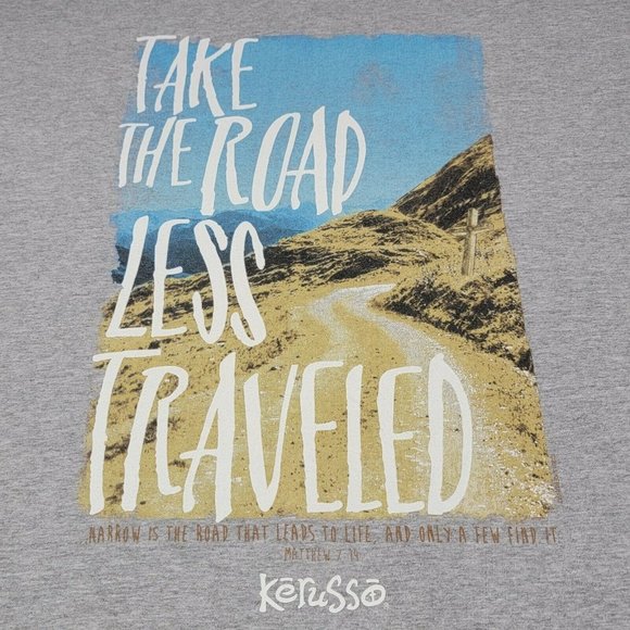 Kerusso T-Shirt Mens XXL Gray Take The Road Less Traveled Bible Verse Tee - Picture 3 of 9